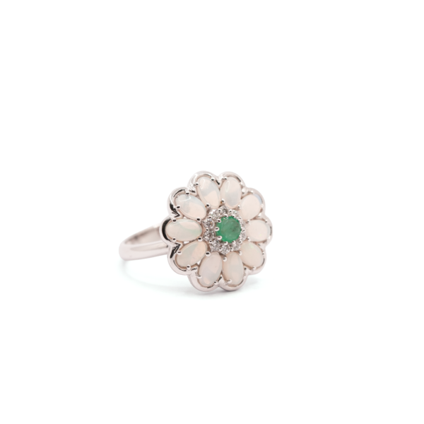 Opal Emerald Ring with diamond – 18k white gold